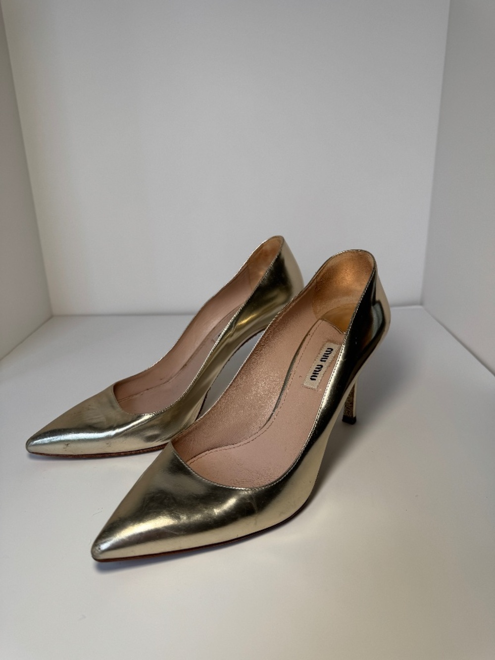 Miu Miu Gold Patent Leather Glittered Soles Pumps/Shoes Size 38.5